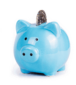 Blue piggy bank with coin