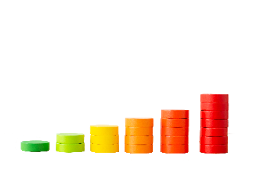 Graphic of increasing stacks of coins with colors ranging from green to yellow to red