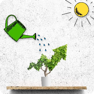 Cartoon drawing of watering of plant on a sunny day