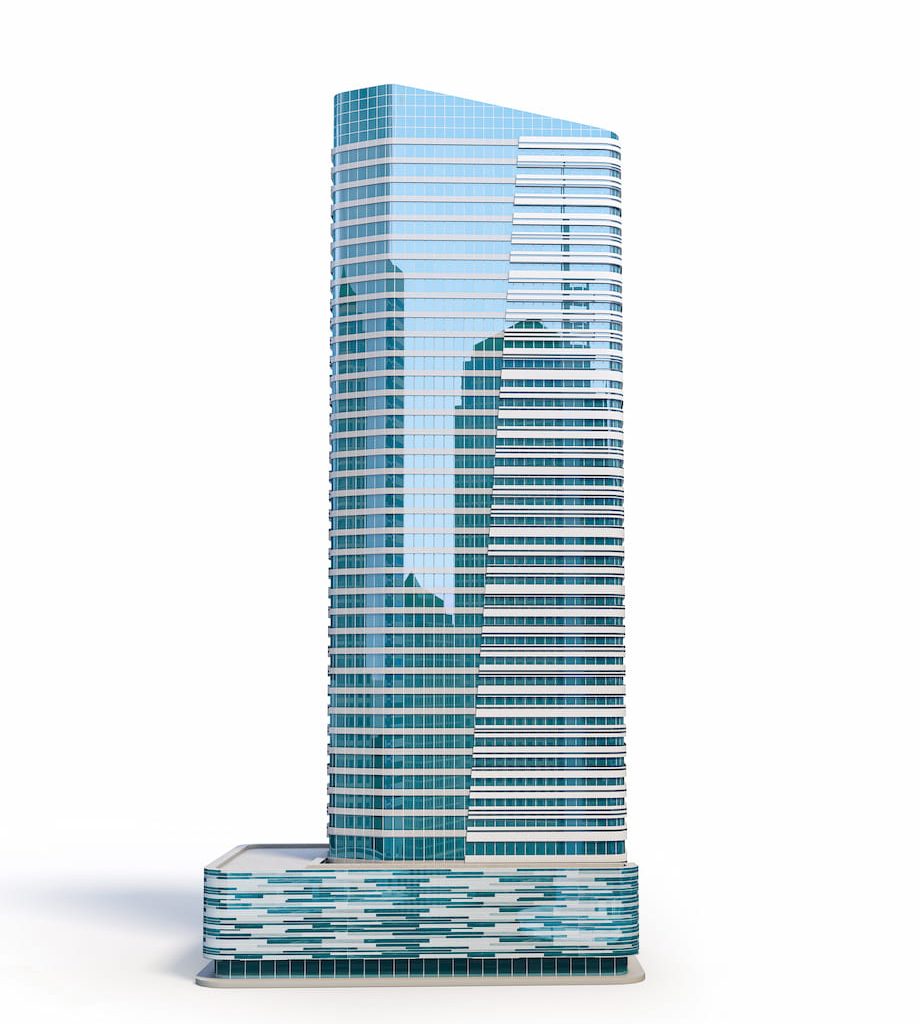 Tall commercial building with many windows and cityscape reflected in glass