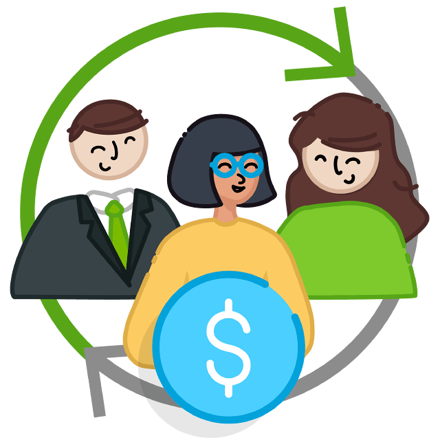 Graphic of three smiling individuals inside a circle with arrows and a blue dollar sign icon