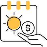 graphic showing a sun on a calendar page, with dollar sign symbol in the palm of a hand