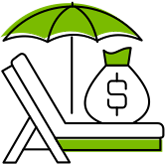 graphic of money bag set on top of a reclined pool chair, with open umbrella