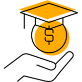 graphic of dollar sign icon with graduation cap, above the palm of a hand