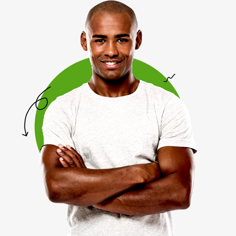 Graphic image of man with arms folded in front of green circle